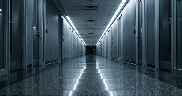 Long hallway in institutional building with multiple closed doors