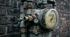 Old industrial pressure gauge mounted on pipe system